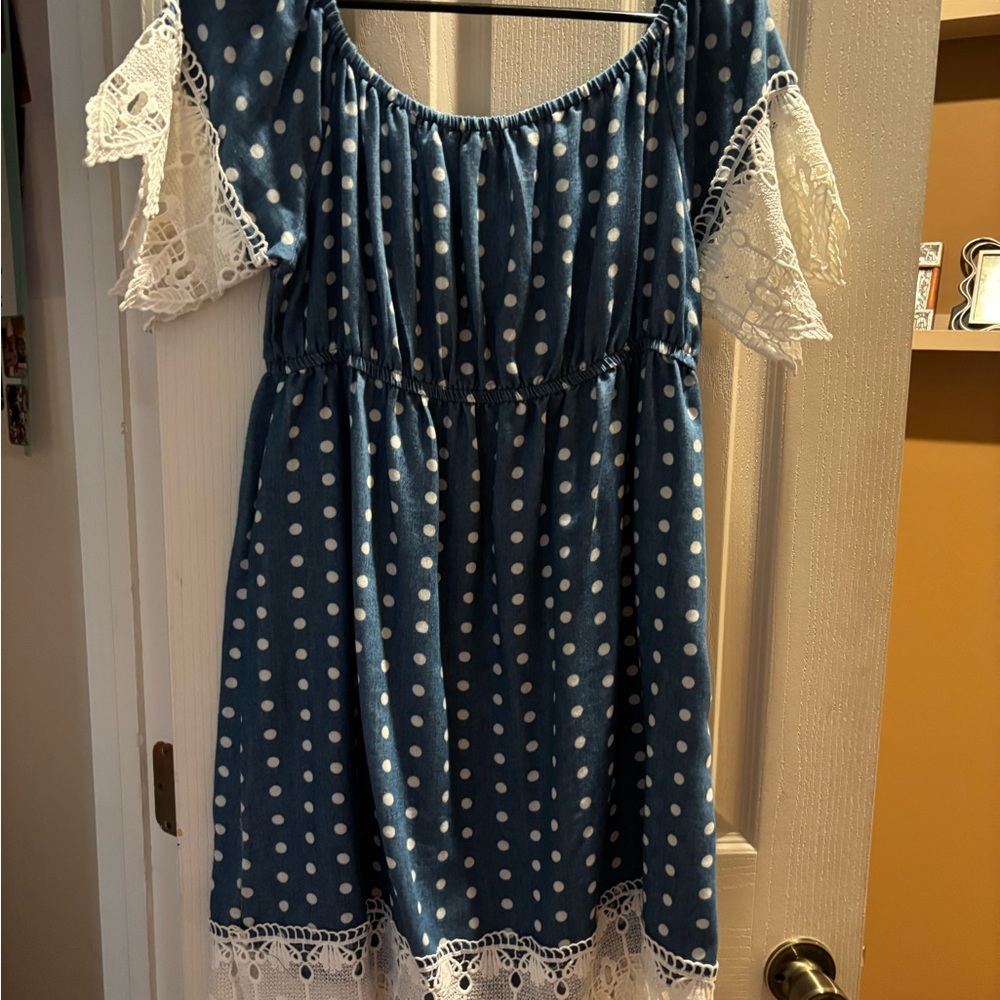 Blue Polka Dot Kids Dress with Lace Trim